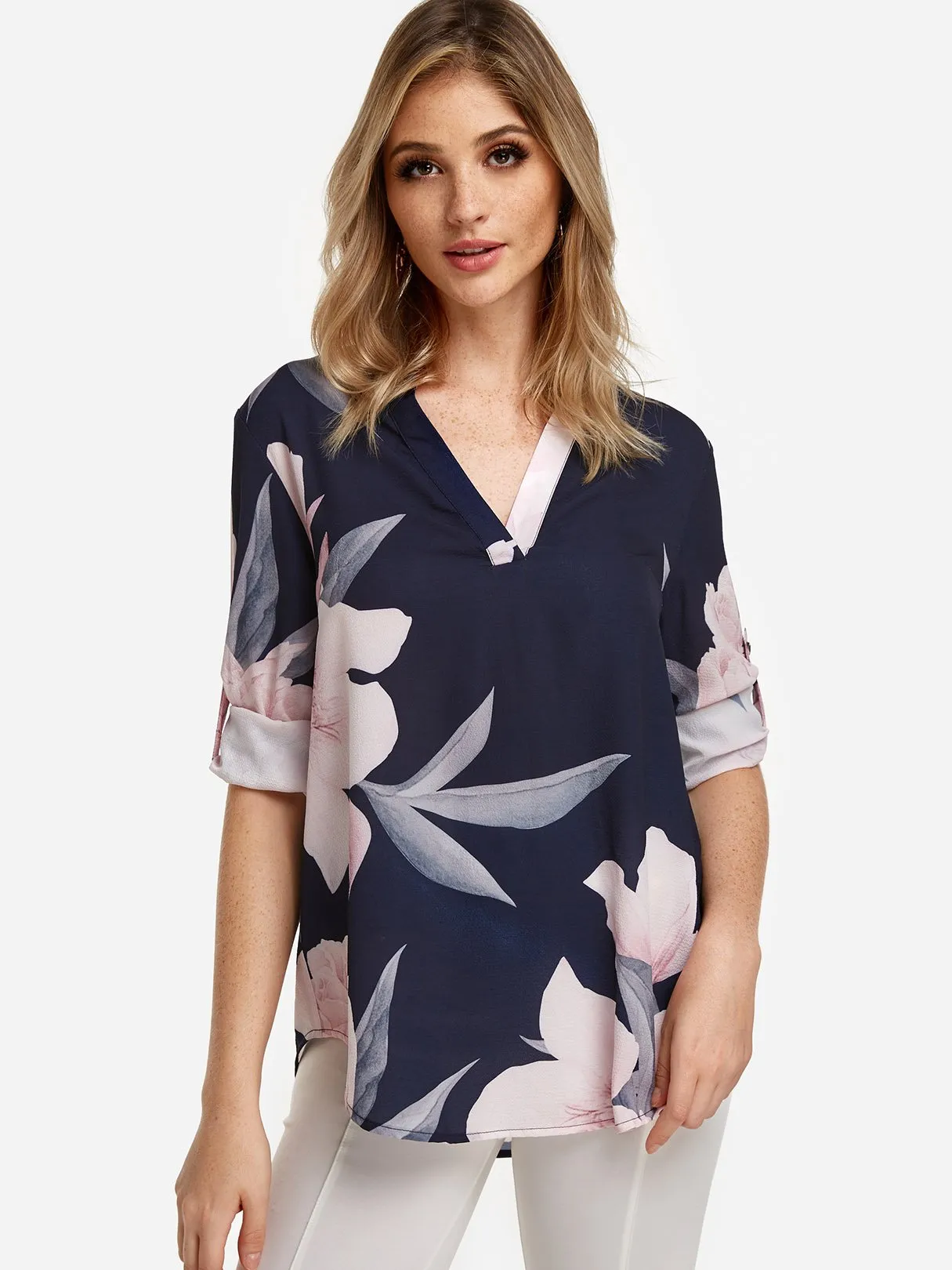 OEM ODM V-Neck Floral Print Long Sleeve Curved Hem Navy Blouses