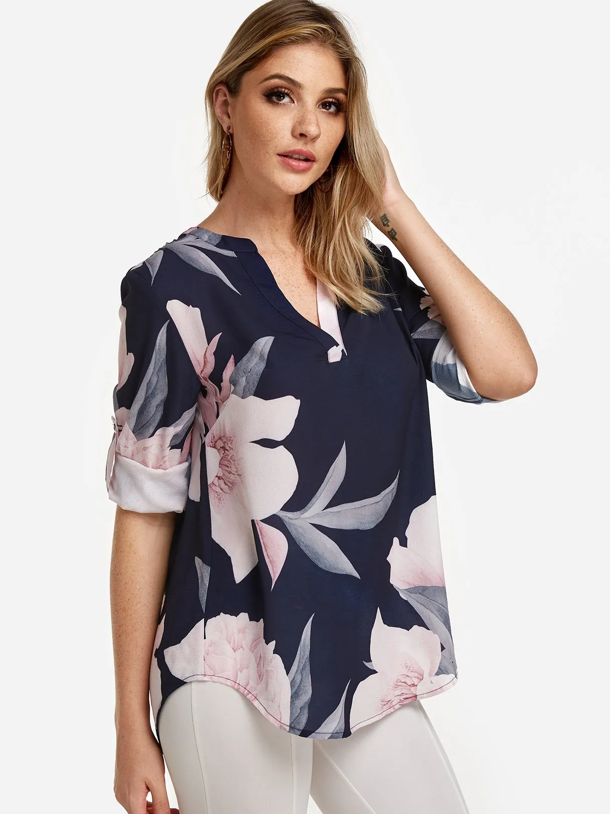 OEM ODM V-Neck Floral Print Long Sleeve Curved Hem Navy Blouses