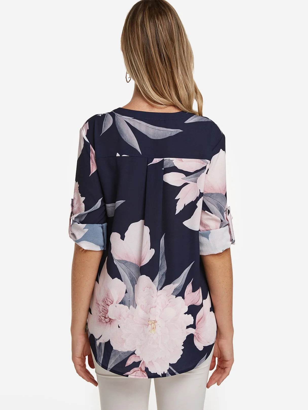 OEM ODM V-Neck Floral Print Long Sleeve Curved Hem Navy Blouses