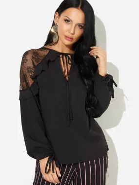 OEM ODM V-Neck Lace Self-Tie Long Sleeve Black Blouses