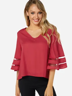 OEM ODM V-Neck Plain 3/4 Sleeve Blouses