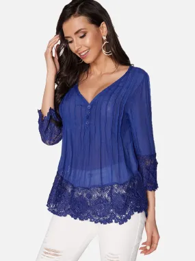 OEM ODM V-Neck Plain Lace Pleated 3/4 Sleeve Irregular Hem Blue Blouses