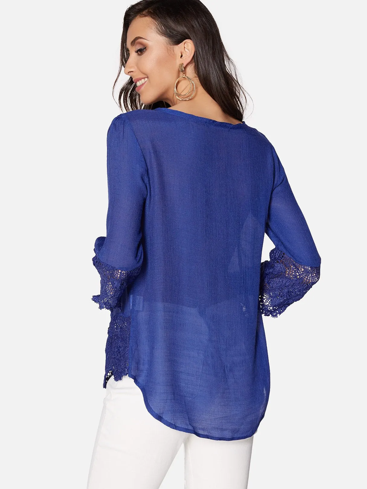 OEM ODM V-Neck Plain Lace Pleated 3/4 Sleeve Irregular Hem Blue Blouses