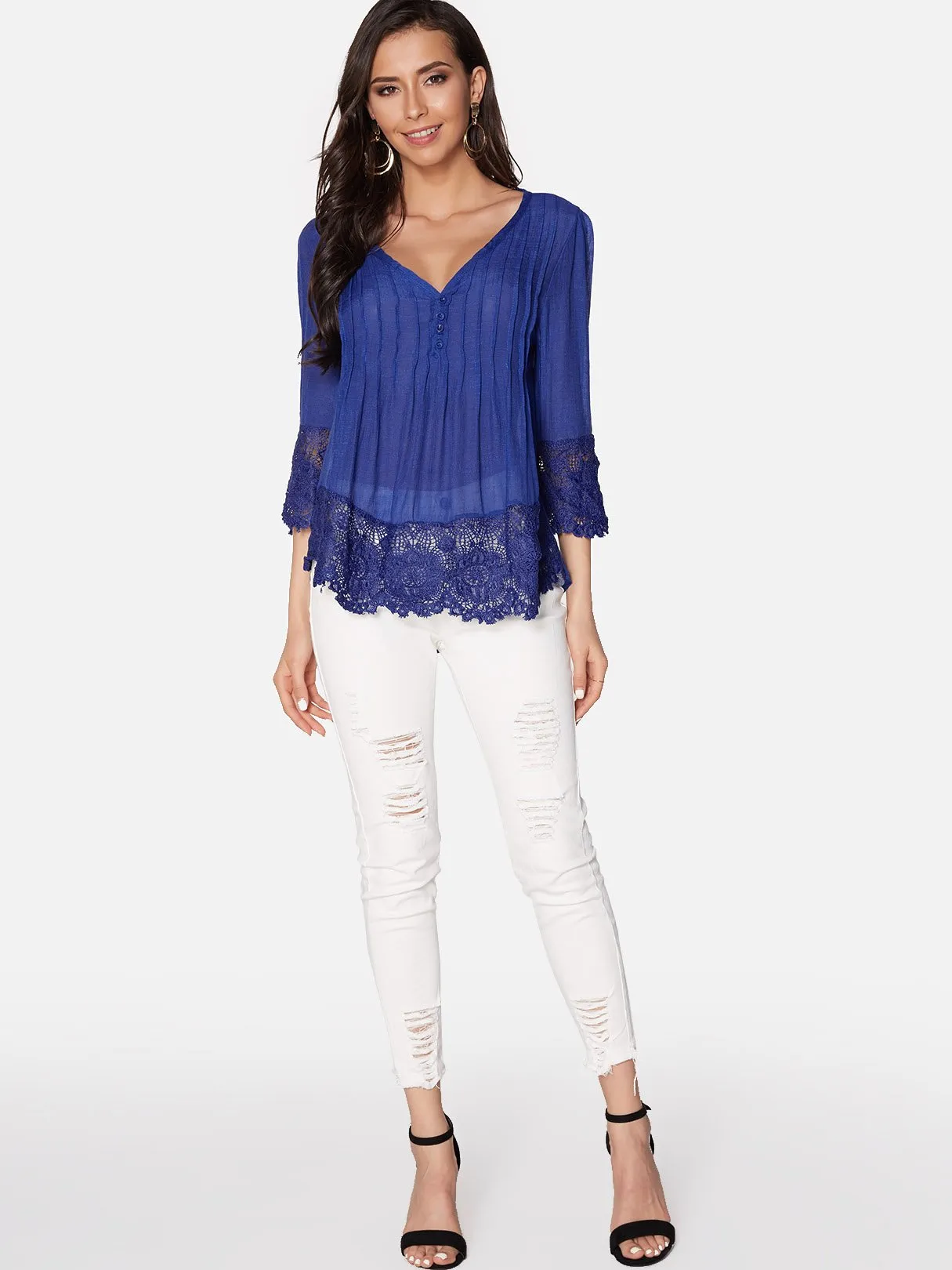 OEM ODM V-Neck Plain Lace Pleated 3/4 Sleeve Irregular Hem Blue Blouses