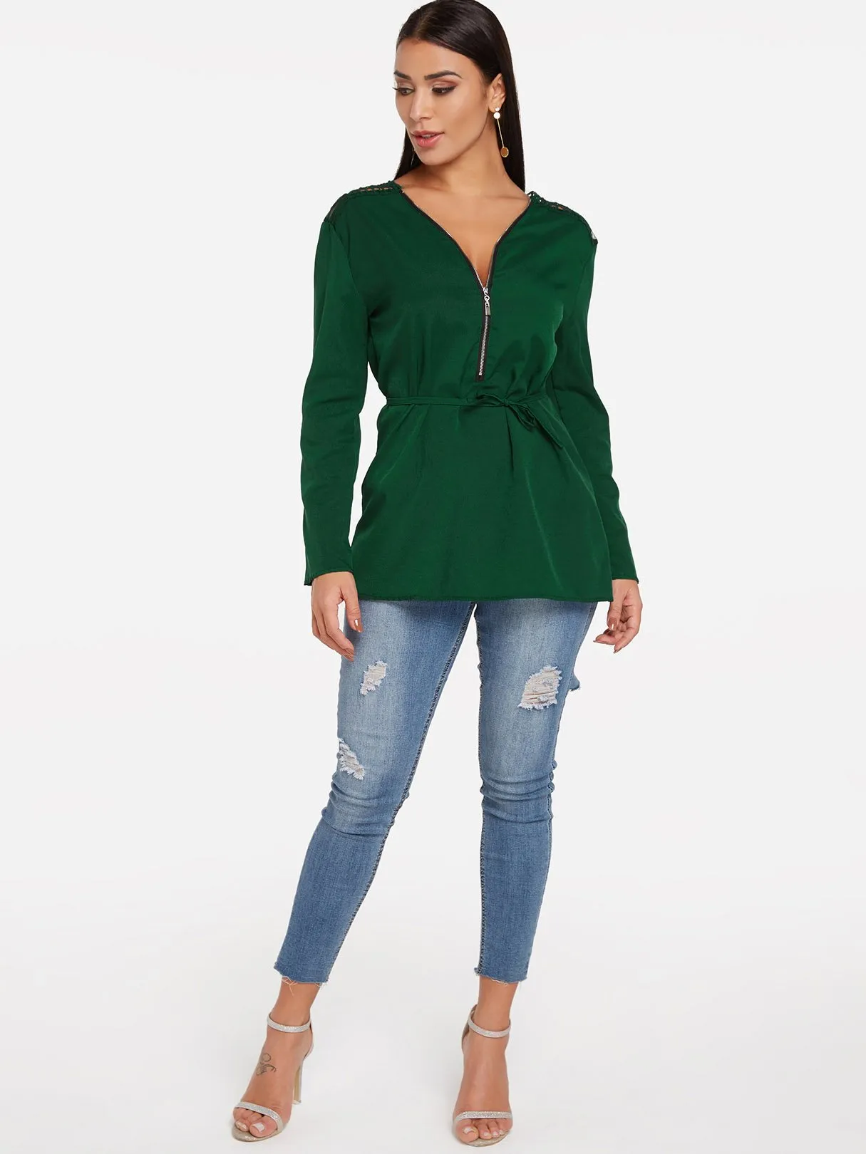 OEM ODM V-Neck Plain Lace Zip Back Long Sleeve Green Blouses