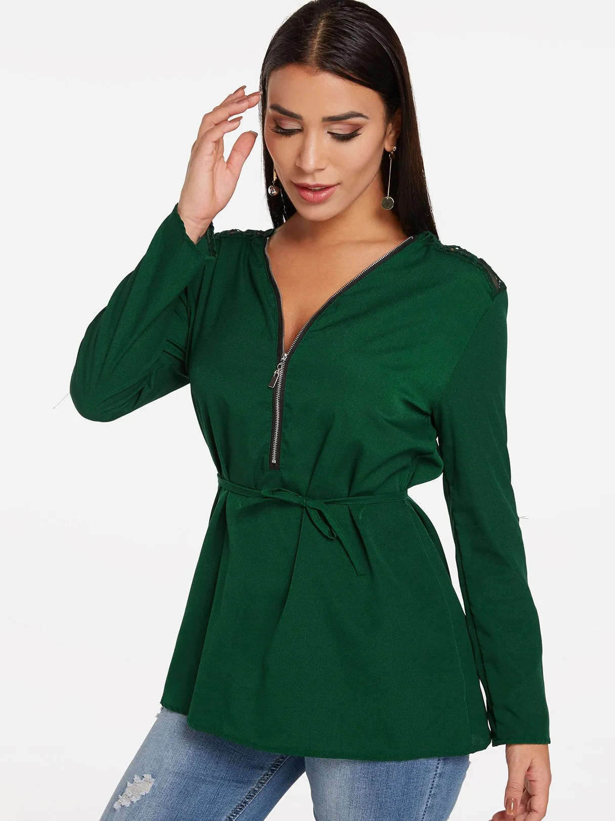 OEM ODM V-Neck Plain Lace Zip Back Long Sleeve Green Blouses