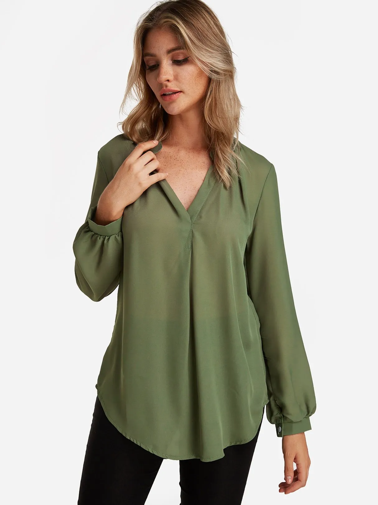 OEM ODM V-Neck Plain Long Sleeve Curved Hem Army Green Blouses