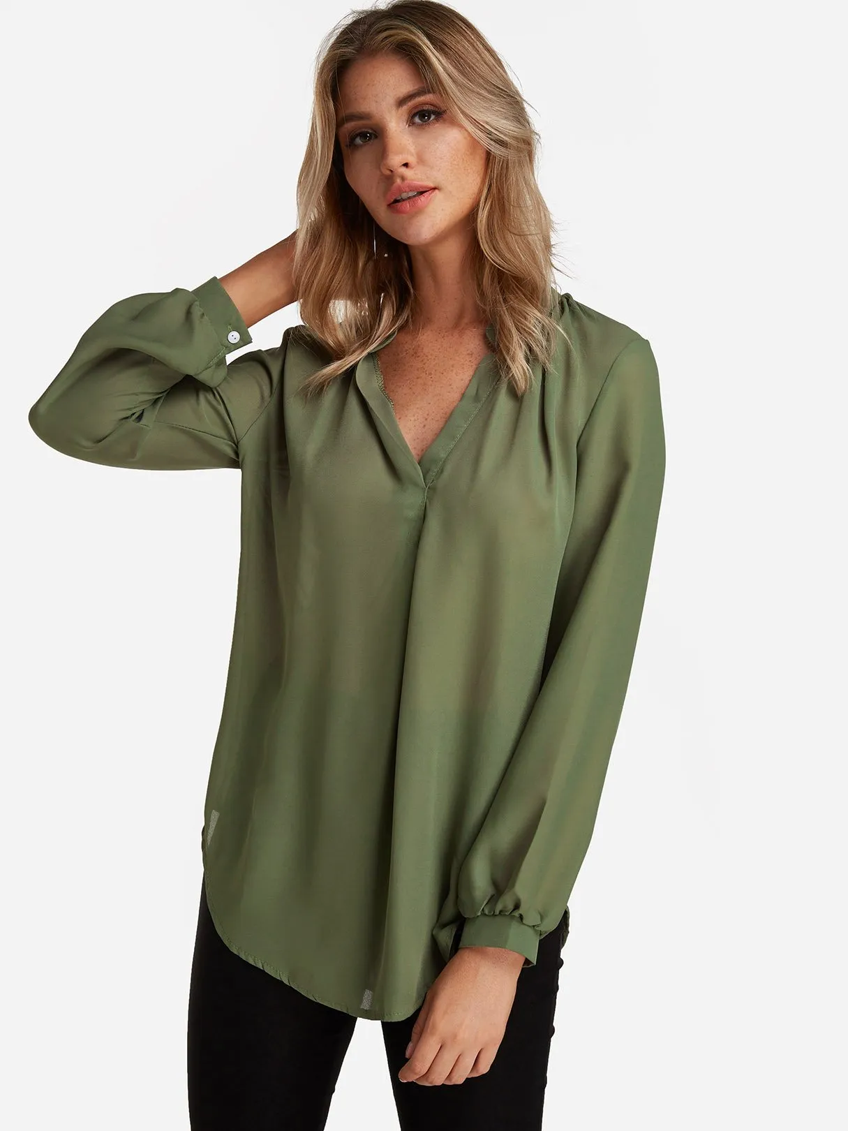 OEM ODM V-Neck Plain Long Sleeve Curved Hem Army Green Blouses