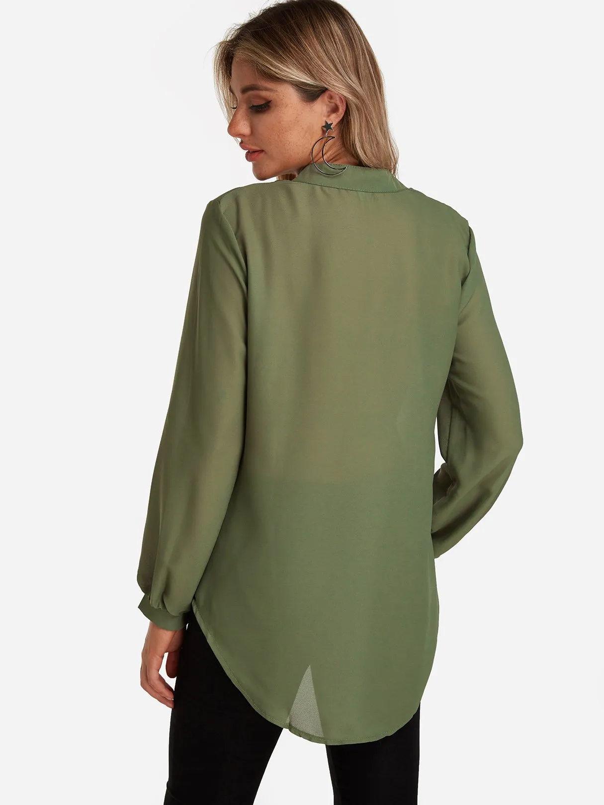 OEM ODM V-Neck Plain Long Sleeve Curved Hem Army Green Blouses