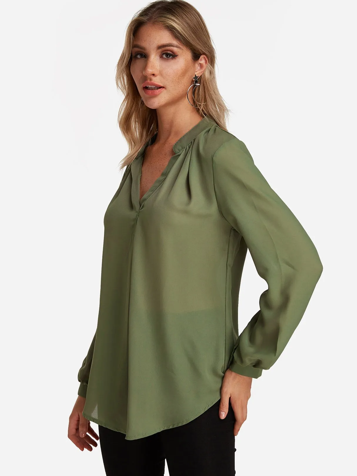 OEM ODM V-Neck Plain Long Sleeve Curved Hem Army Green Blouses