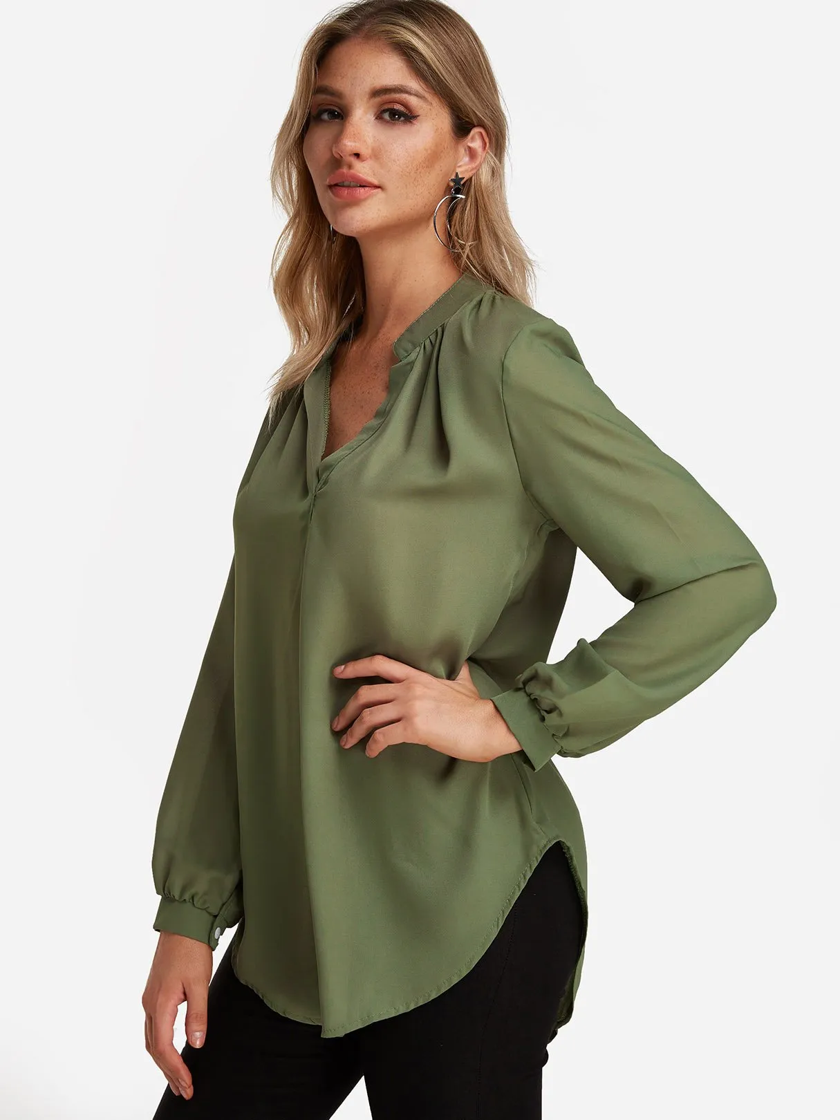 OEM ODM V-Neck Plain Long Sleeve Curved Hem Army Green Blouses