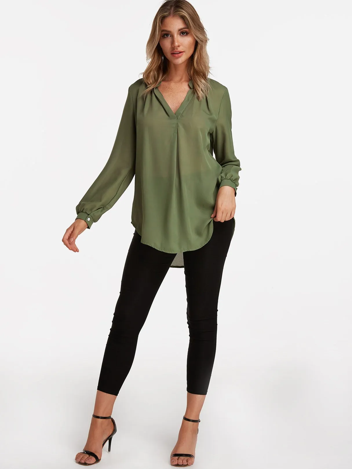 OEM ODM V-Neck Plain Long Sleeve Curved Hem Army Green Blouses