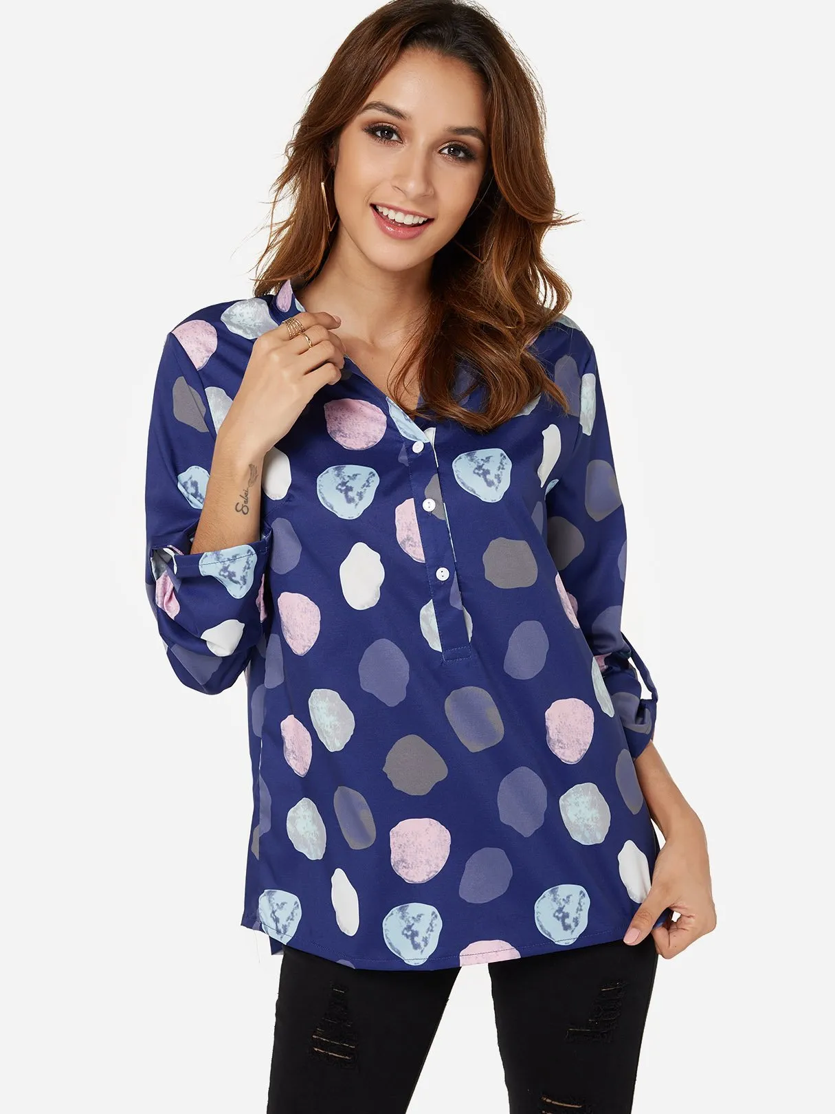 OEM ODM V-Neck Polka Dot 3/4 Sleeve Blouses