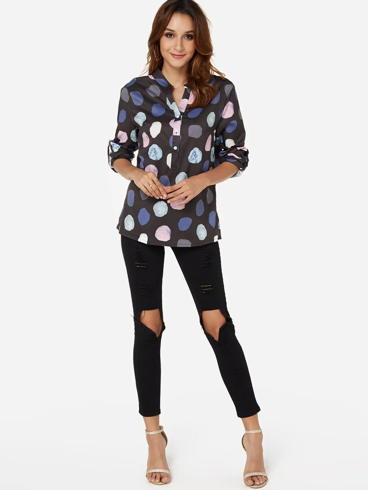 OEM ODM V-Neck Polka Dot 3/4 Sleeve Blouses