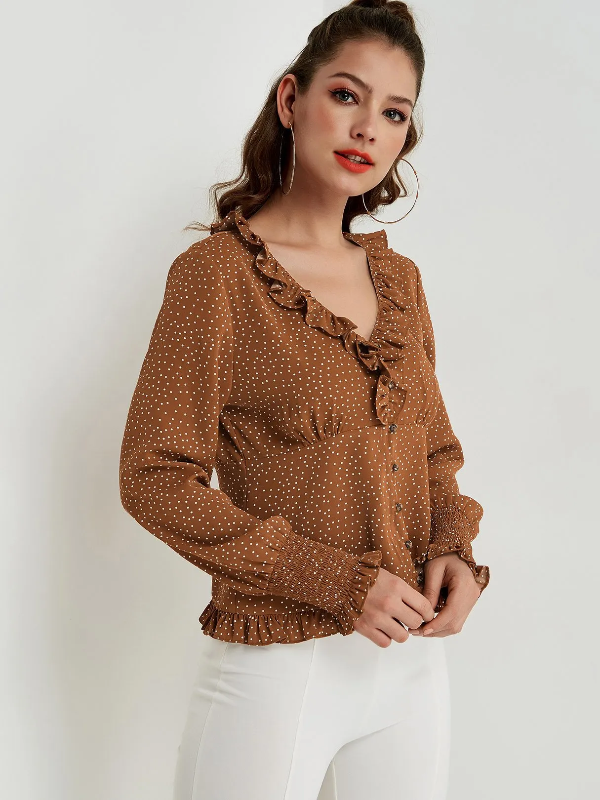 OEM ODM V-Neck Polka Dot Pleated Long Sleeve Flounced Hem Brown Blouses