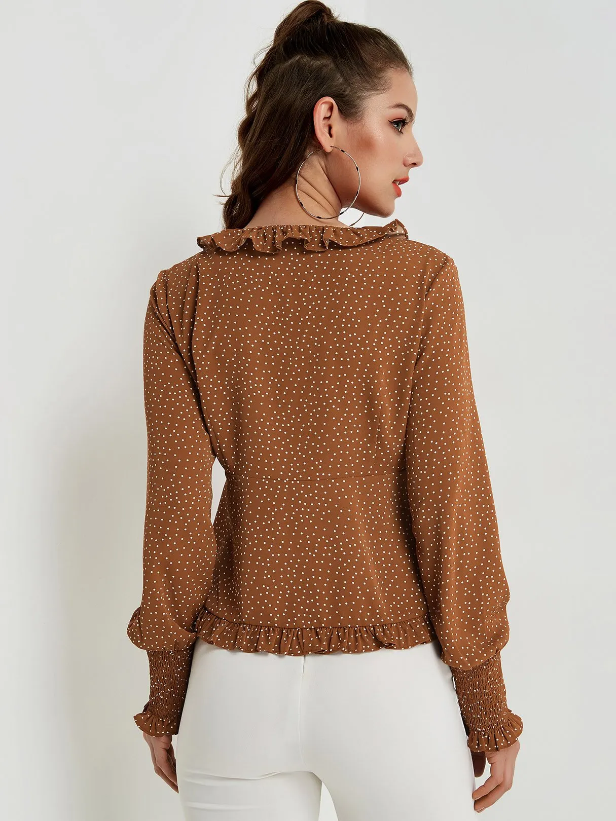 OEM ODM V-Neck Polka Dot Pleated Long Sleeve Flounced Hem Brown Blouses