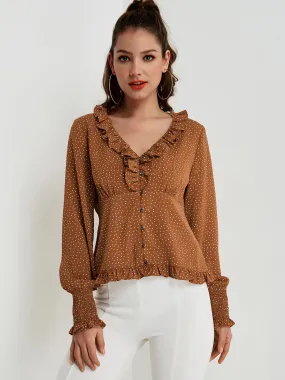 OEM ODM V-Neck Polka Dot Pleated Long Sleeve Flounced Hem Brown Blouses