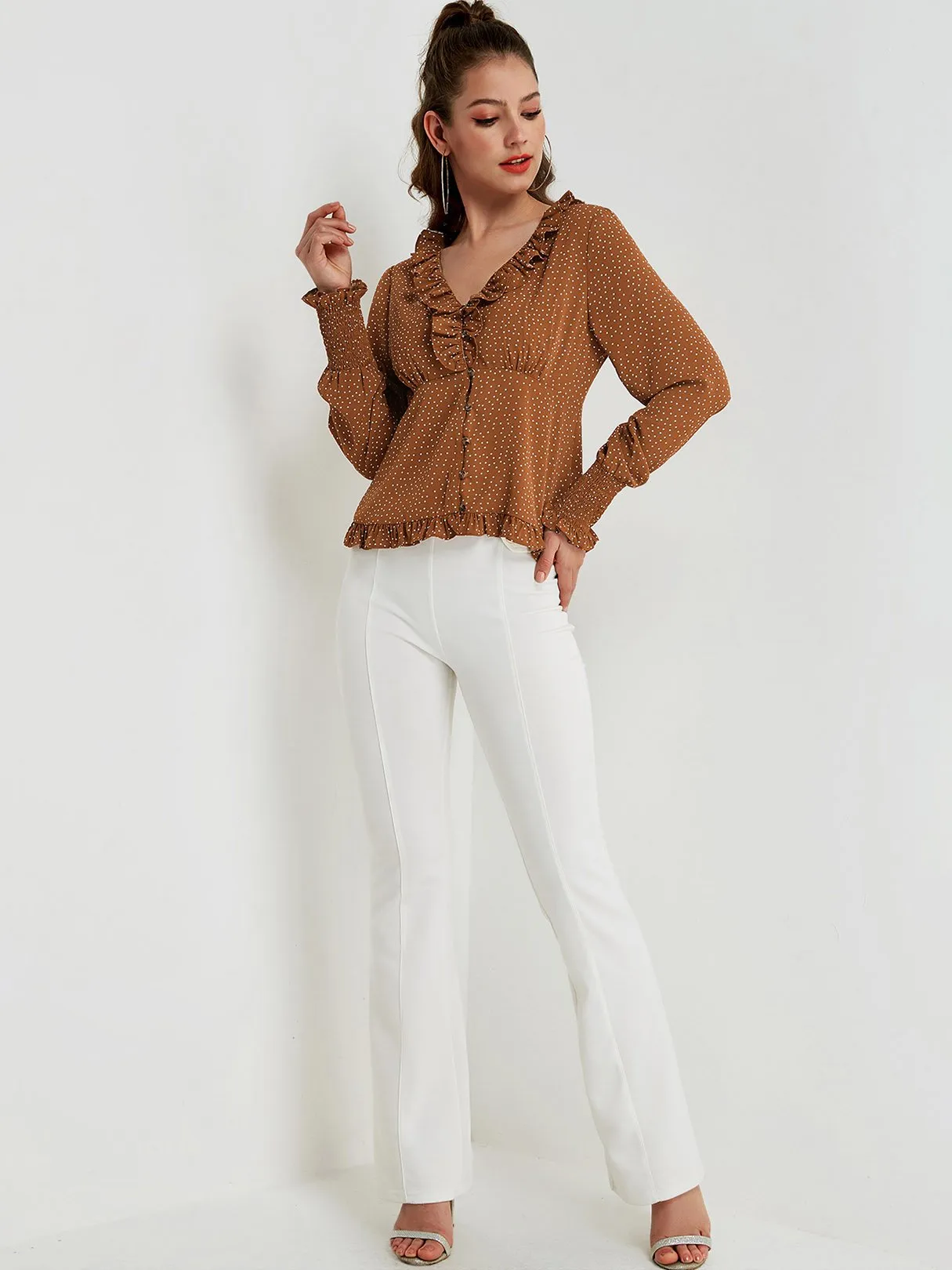 OEM ODM V-Neck Polka Dot Pleated Long Sleeve Flounced Hem Brown Blouses