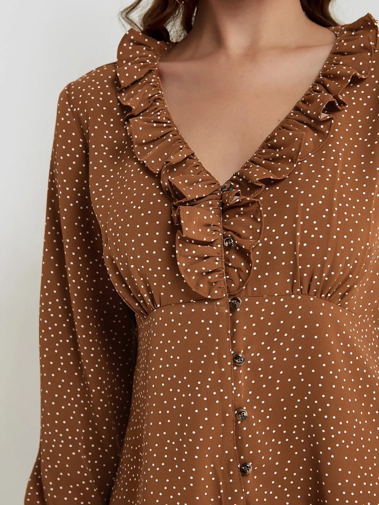 OEM ODM V-Neck Polka Dot Pleated Long Sleeve Flounced Hem Brown Blouses