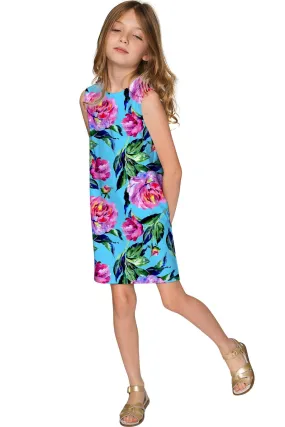 Peony Splash Adele Blue Flower Print Party Shift Dress - Girls