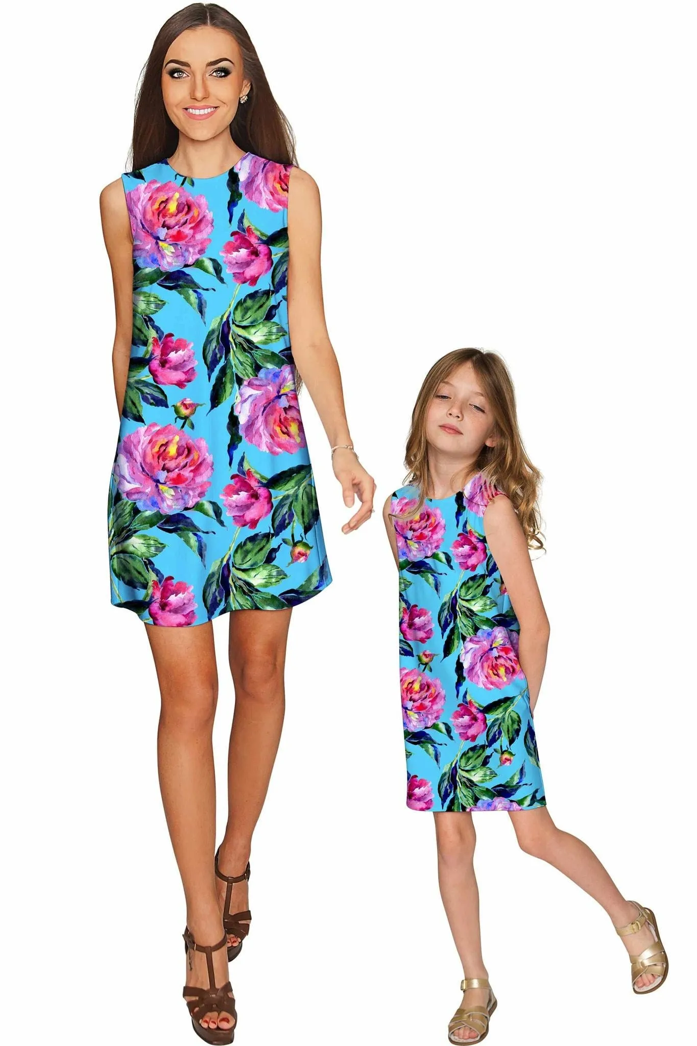 Peony Splash Adele Blue Flower Print Party Shift Dress - Girls