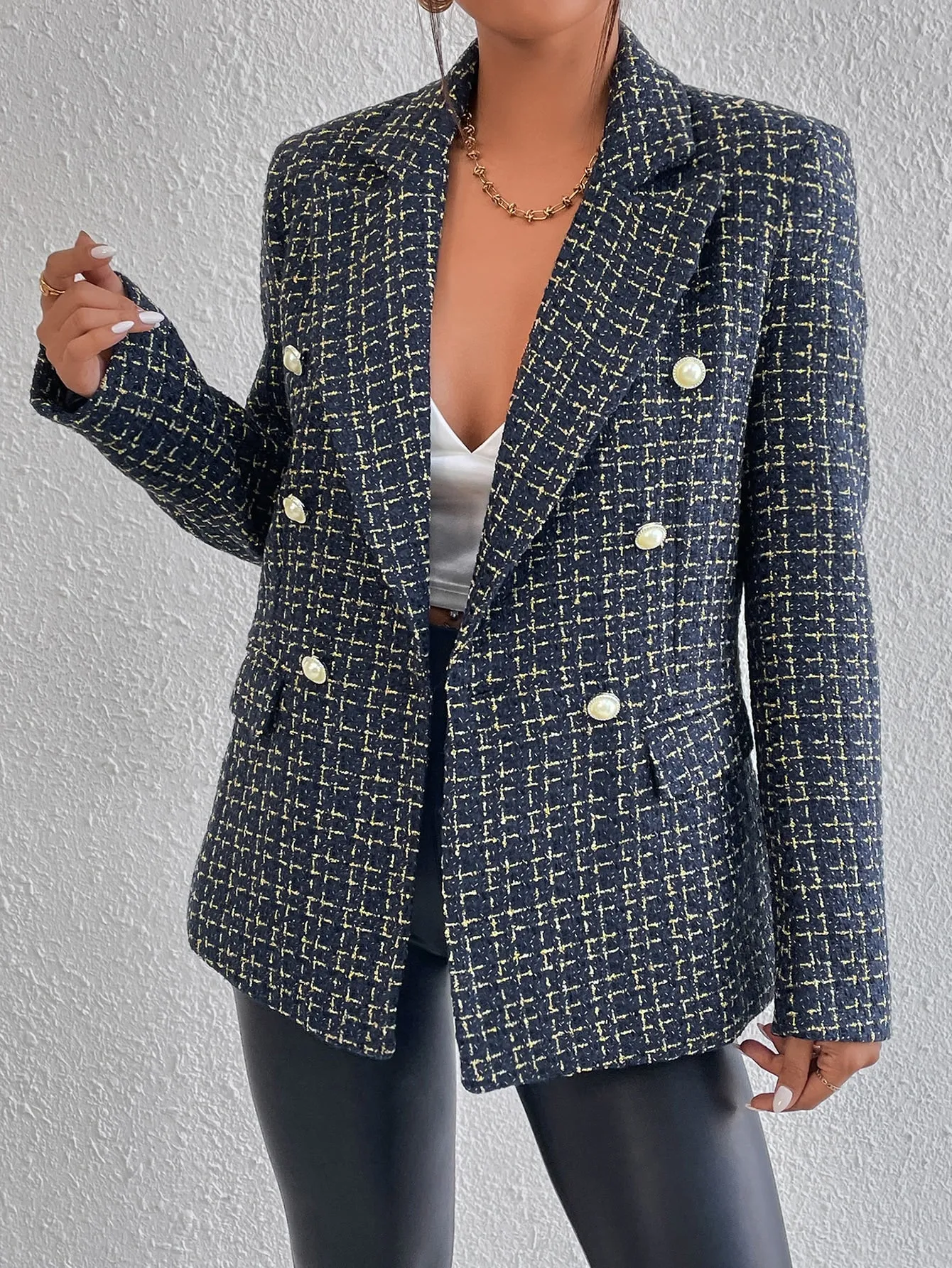 Plaid Print Double Breasted Blazer Workwear