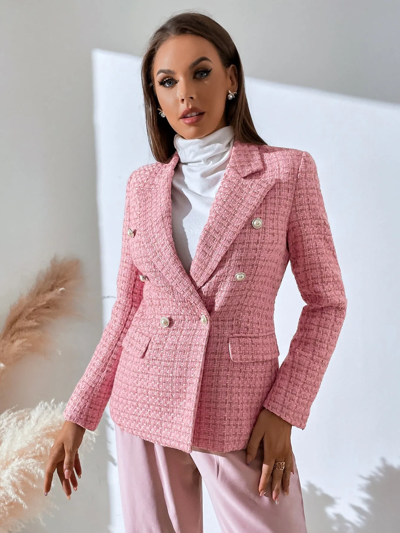 Plaid Print Double Breasted Blazer Workwear