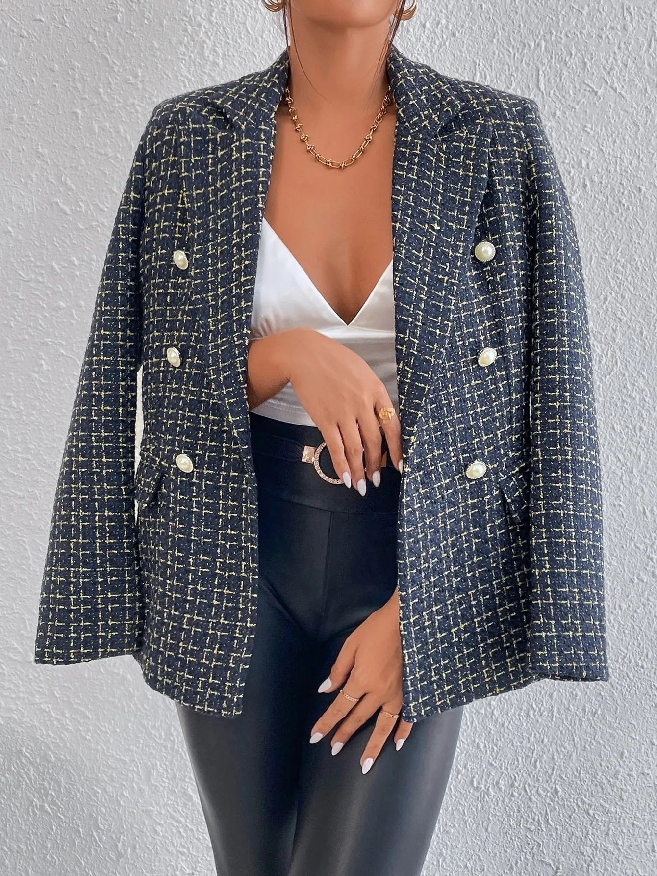 Plaid Print Double Breasted Blazer Workwear