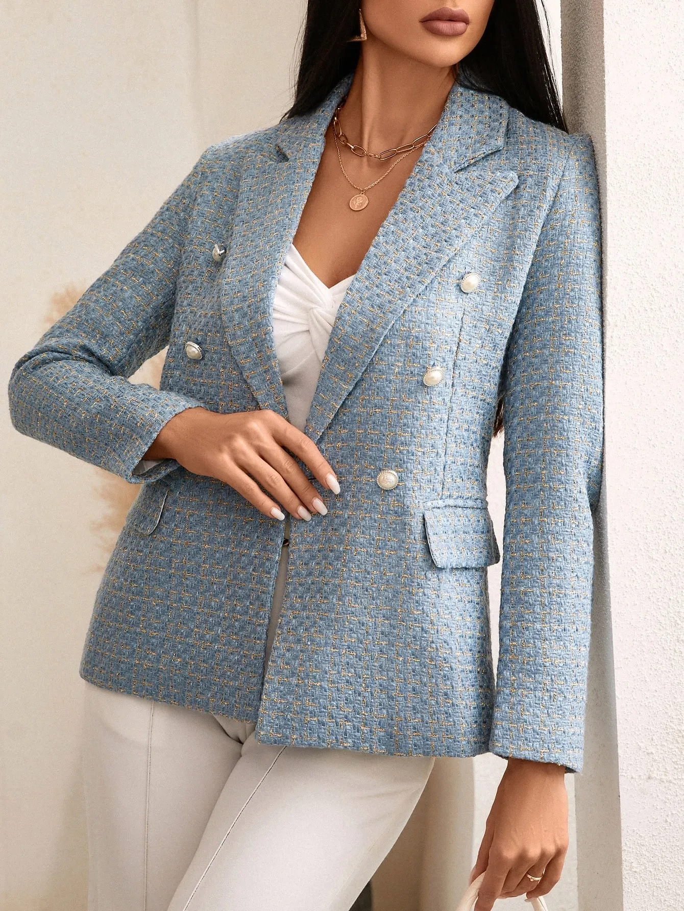 Plaid Print Double Breasted Blazer Workwear