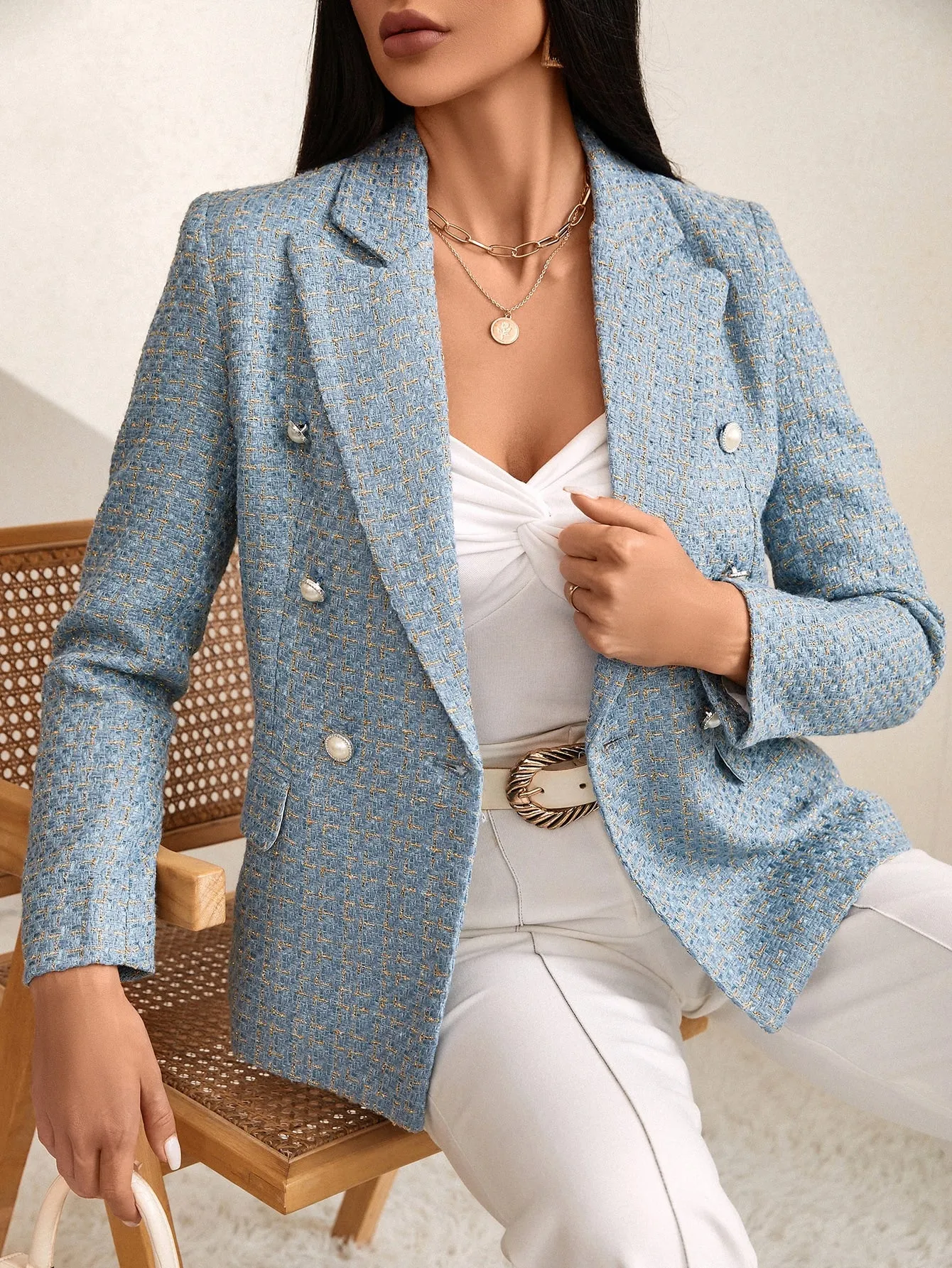 Plaid Print Double Breasted Blazer Workwear