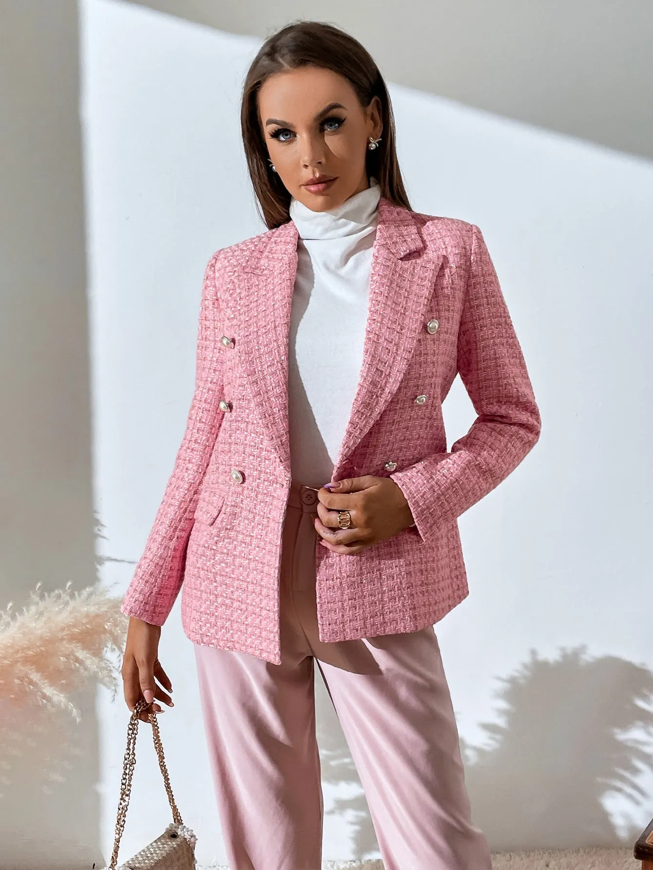 Plaid Print Double Breasted Blazer Workwear