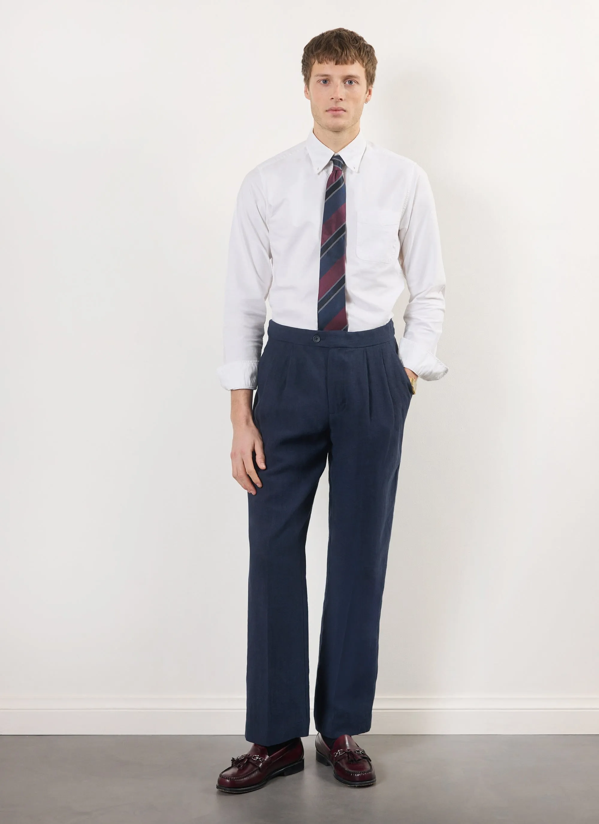 Pleated Tailored Trousers | Linen | Navy