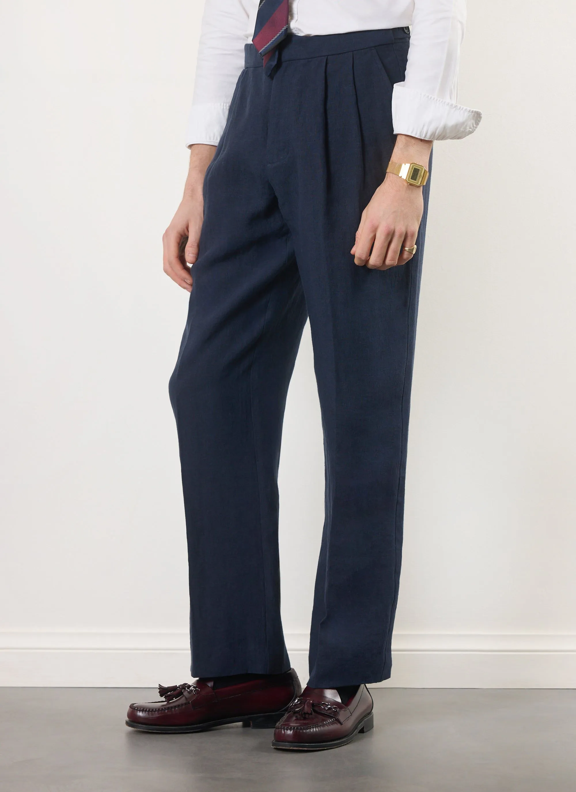 Pleated Tailored Trousers | Linen | Navy