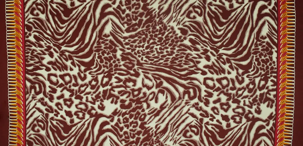 Red-Brown-Multi Border Leopard Printed Stretch Silk Jersey Knit Fabric