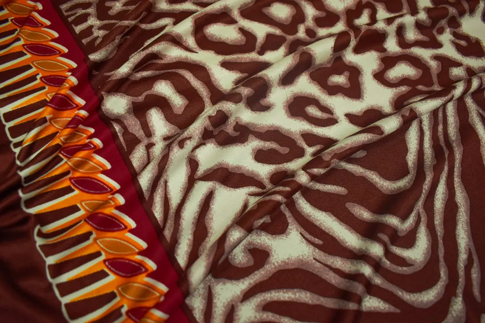 Red-Brown-Multi Border Leopard Printed Stretch Silk Jersey Knit Fabric