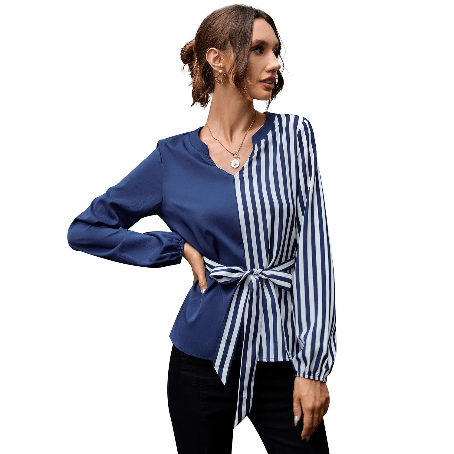 Robellii Blue V Neck Puff Sleeve Silk Blouse