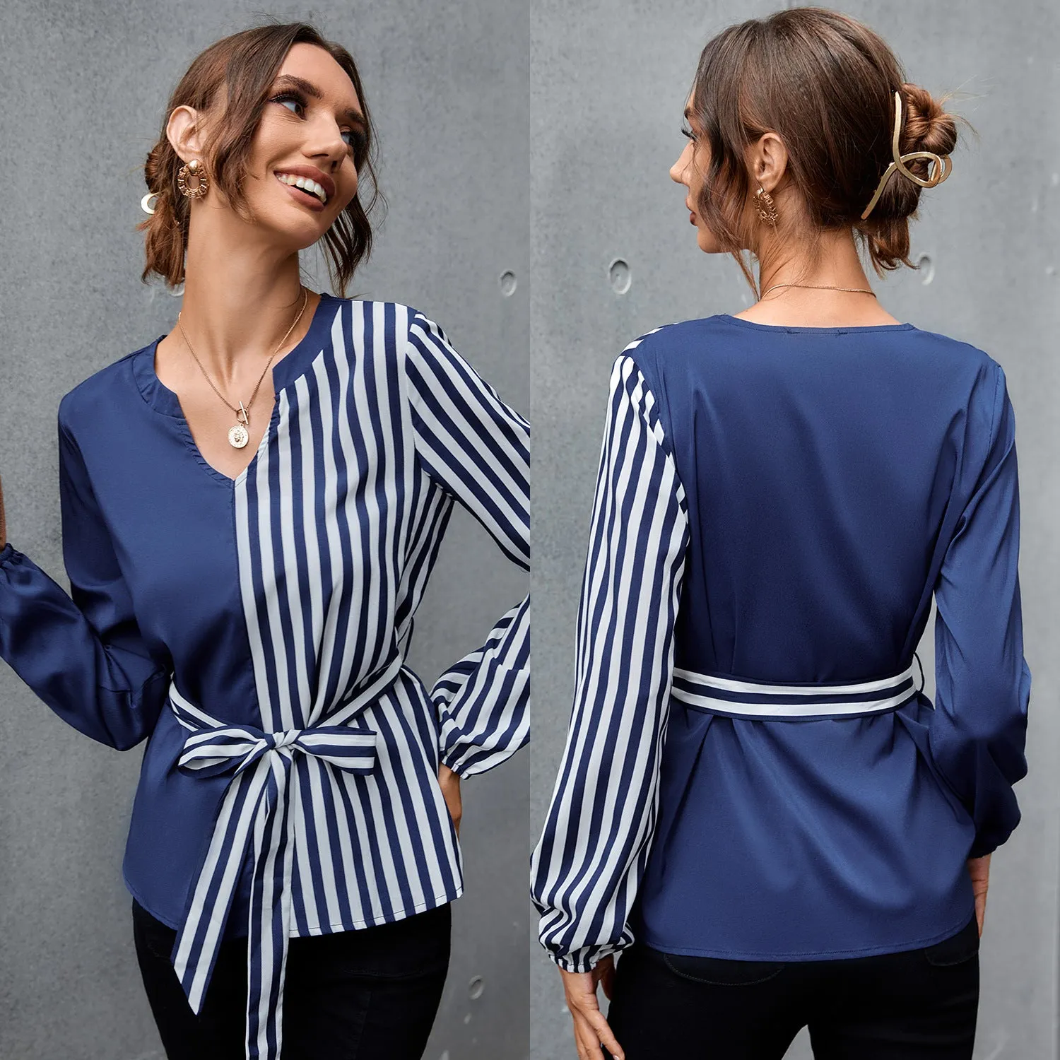 Robellii Blue V Neck Puff Sleeve Silk Blouse