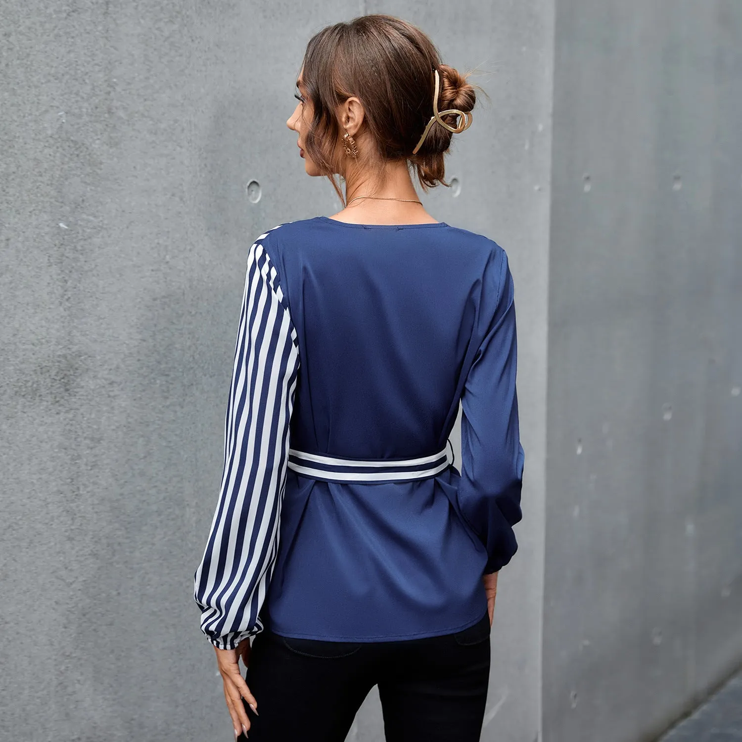 Robellii Blue V Neck Puff Sleeve Silk Blouse