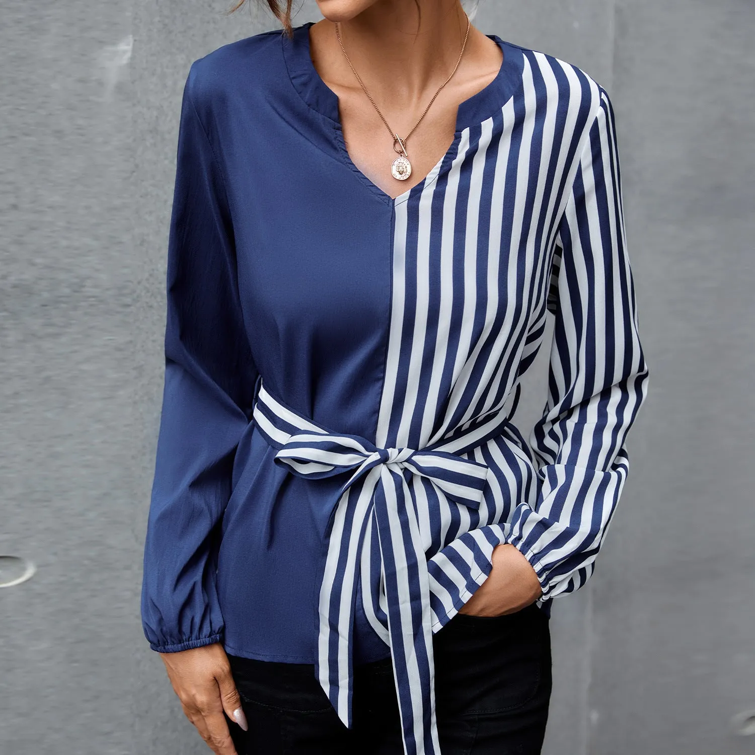 Robellii Blue V Neck Puff Sleeve Silk Blouse