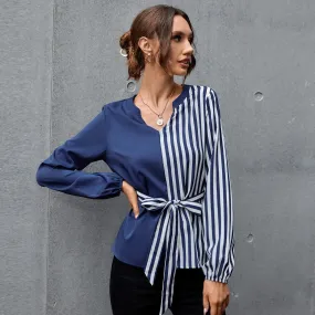 Robellii Blue V Neck Puff Sleeve Silk Blouse