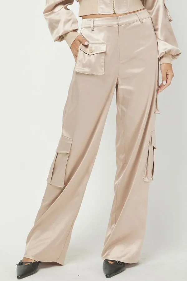 Satin Cropped Bomber Jacket & Cargo Trousers Set