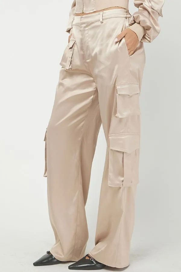 Satin Cropped Bomber Jacket & Cargo Trousers Set