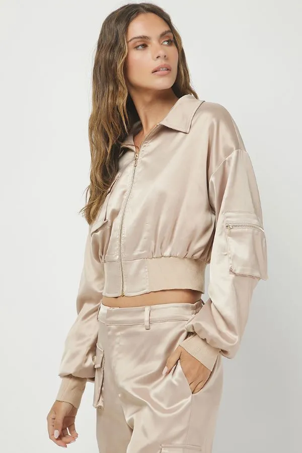 Satin Cropped Bomber Jacket & Cargo Trousers Set