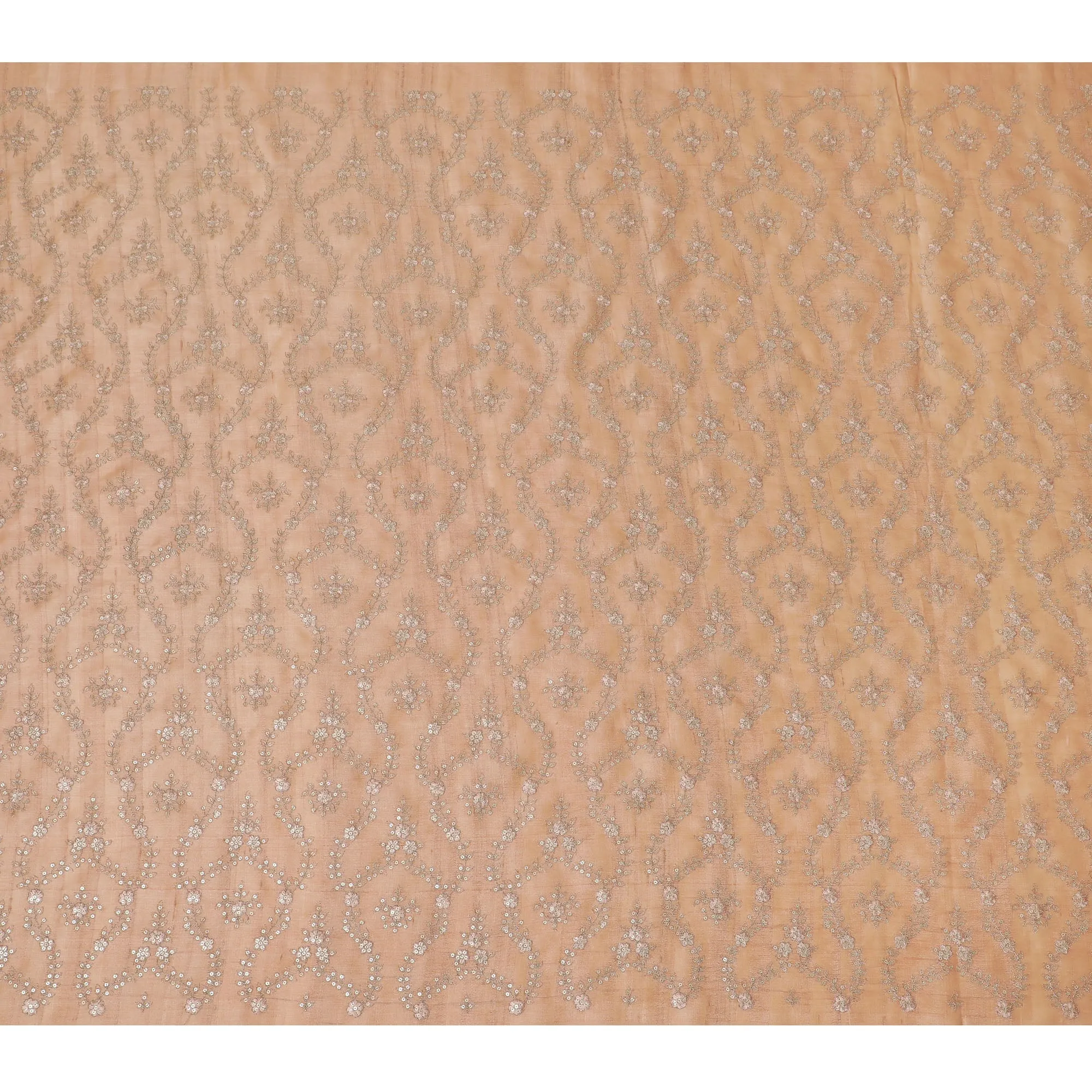 Shimmering Apricot Tussar Silk Fabric with Silver Sequin Embellishments, 110 cm Wide â€“ Luxurious Indian Textile-D18975