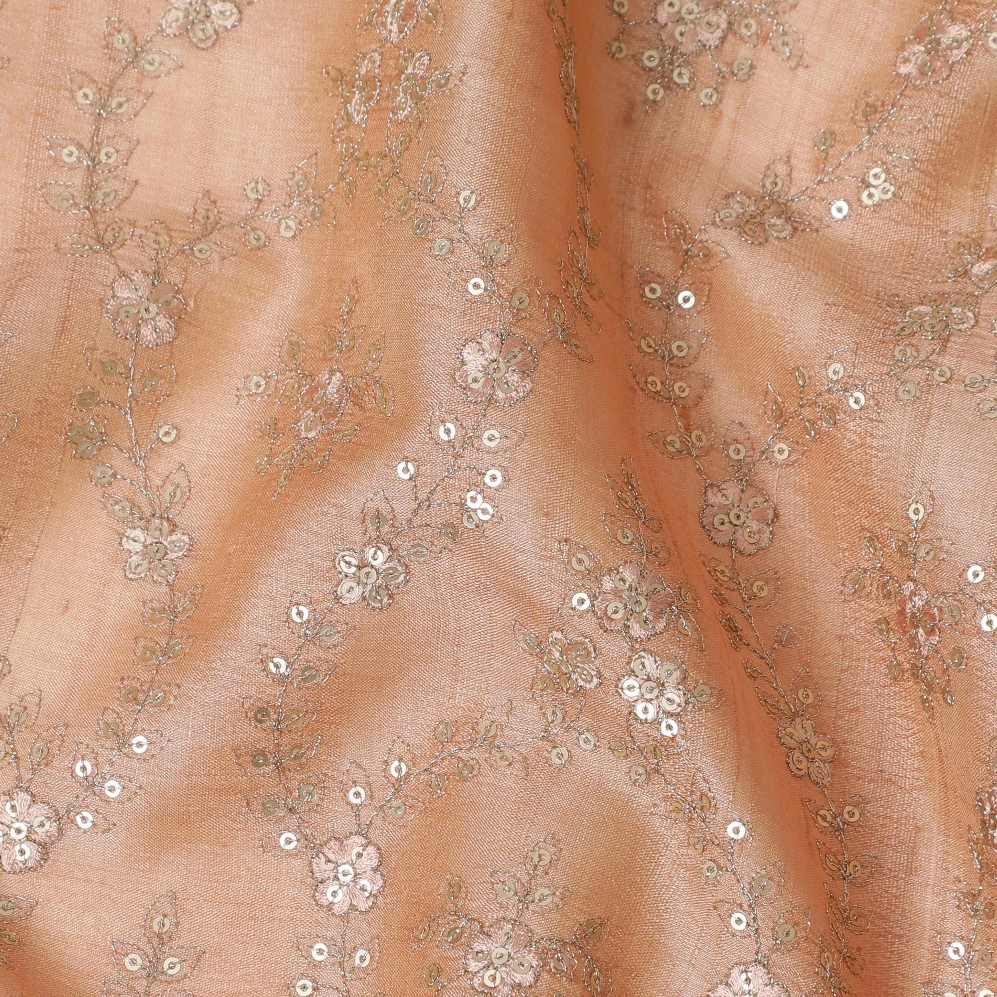 Shimmering Apricot Tussar Silk Fabric with Silver Sequin Embellishments, 110 cm Wide â€“ Luxurious Indian Textile-D18975