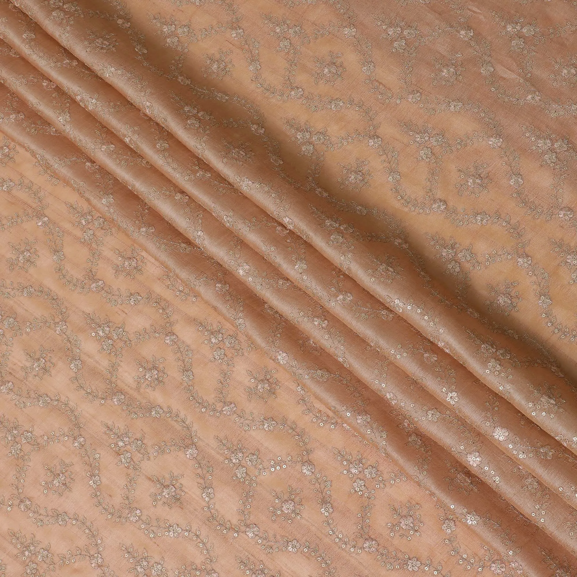 Shimmering Apricot Tussar Silk Fabric with Silver Sequin Embellishments, 110 cm Wide â€“ Luxurious Indian Textile-D18975