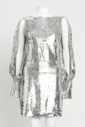 Silver Sequin Cut-Out Balloon Sleeve Preowned Mini Dress