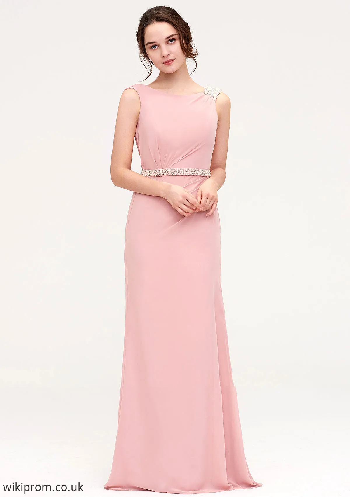 Sleeveless Sheath/Column Long/Floor-Length Chiffon Bridesmaid Dresses With Waistband Beading Jazmin SWKP0025317