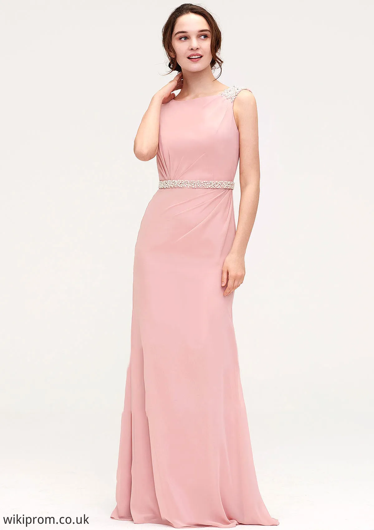 Sleeveless Sheath/Column Long/Floor-Length Chiffon Bridesmaid Dresses With Waistband Beading Jazmin SWKP0025317