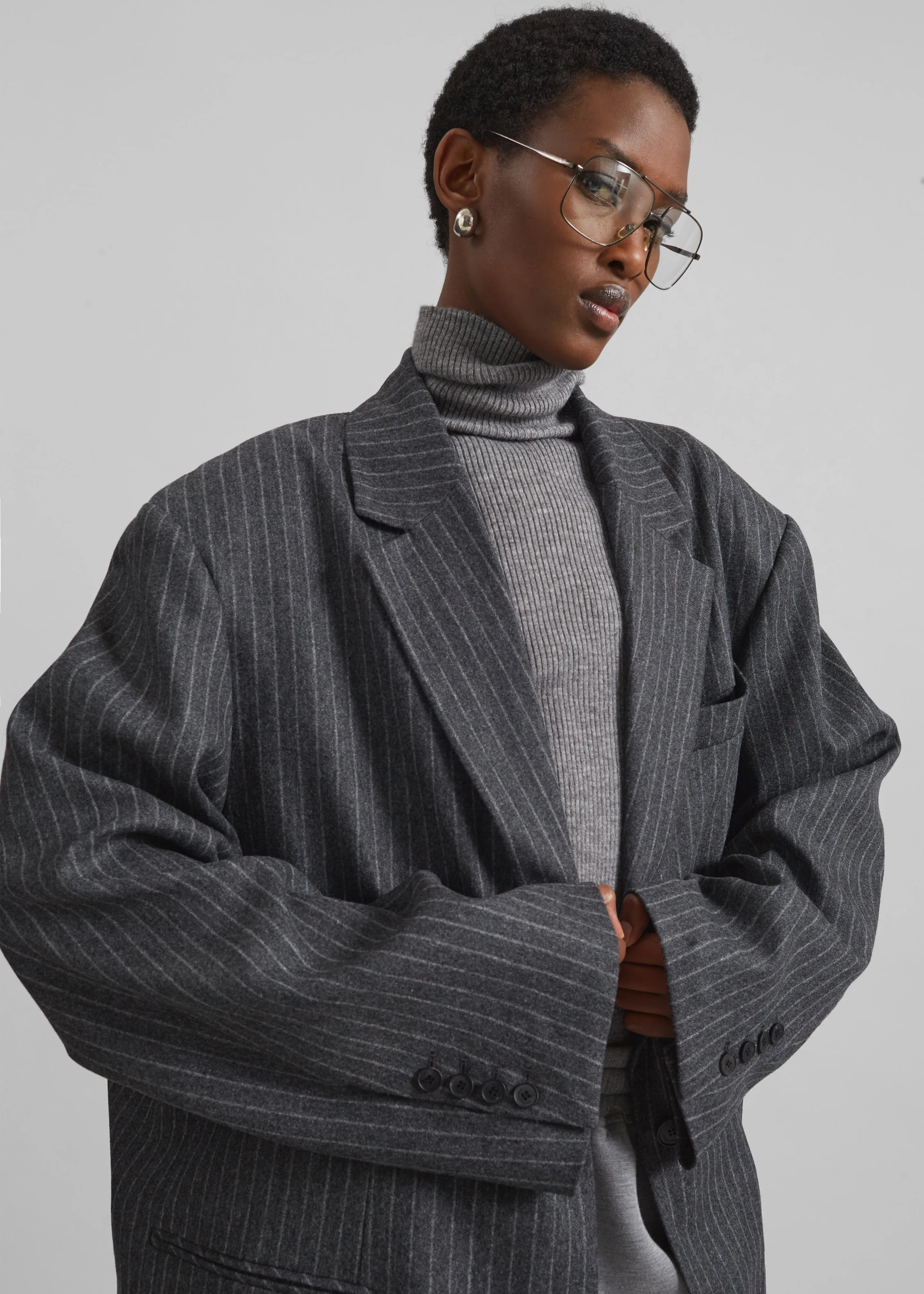 Stora Oversized Wool Blazer - Grey/White Pinstripe